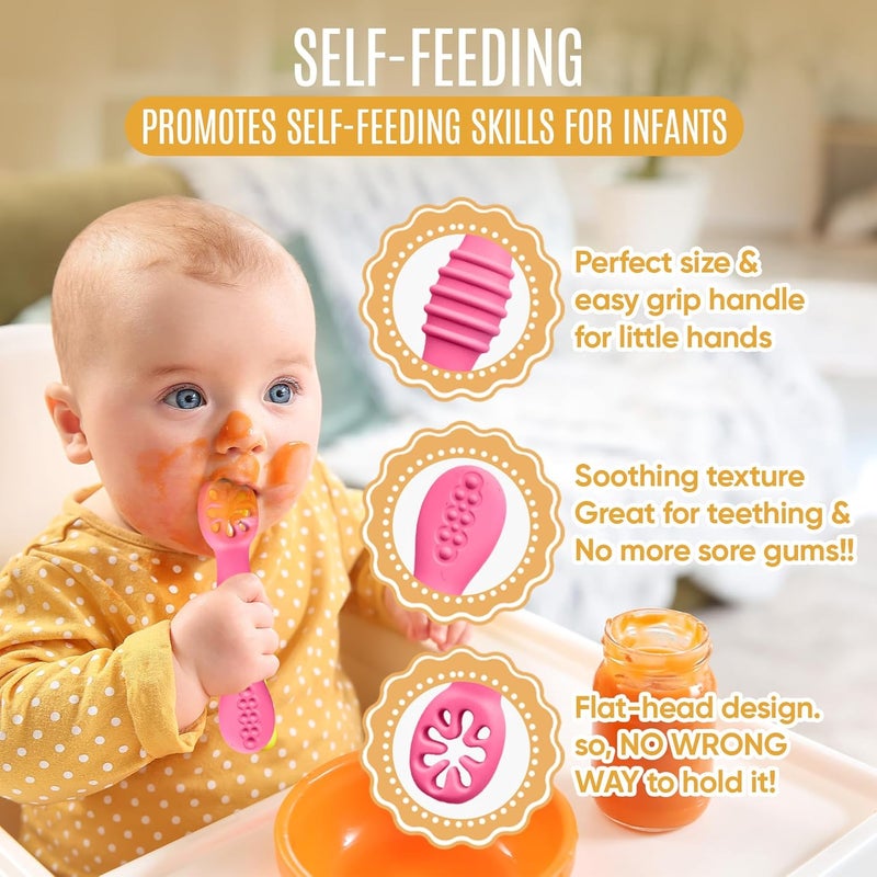 HippoBaby 4pc Silicone Baby Spoons Self Feeding Baby Utensils 6-12 Months - 3 Baby Spoon - 1 Baby Fork - Toddler Cutlery Set - BPA Free, Dishwasher Safe - Baby Eating Essentials (Pink/Blue) - Image 5